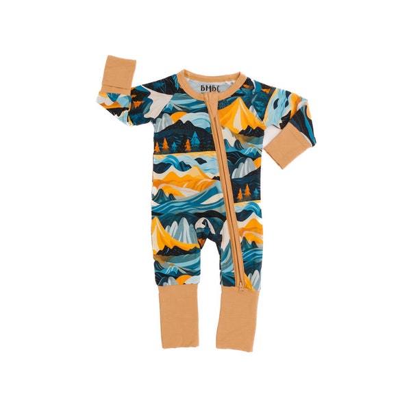 Bamboo Convertible Romper- Rocky Mountains | Mountain Zippered Romper | Bamboo Baby Pajamas | Zippered Baby Romper