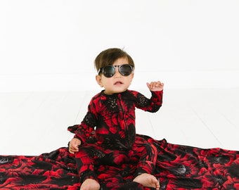 Bamboo Convertible Romper- Redsun | Black and Red Zippered Romper | Bamboo Baby Pajamas | Zippered Baby Romper | Floral Romper