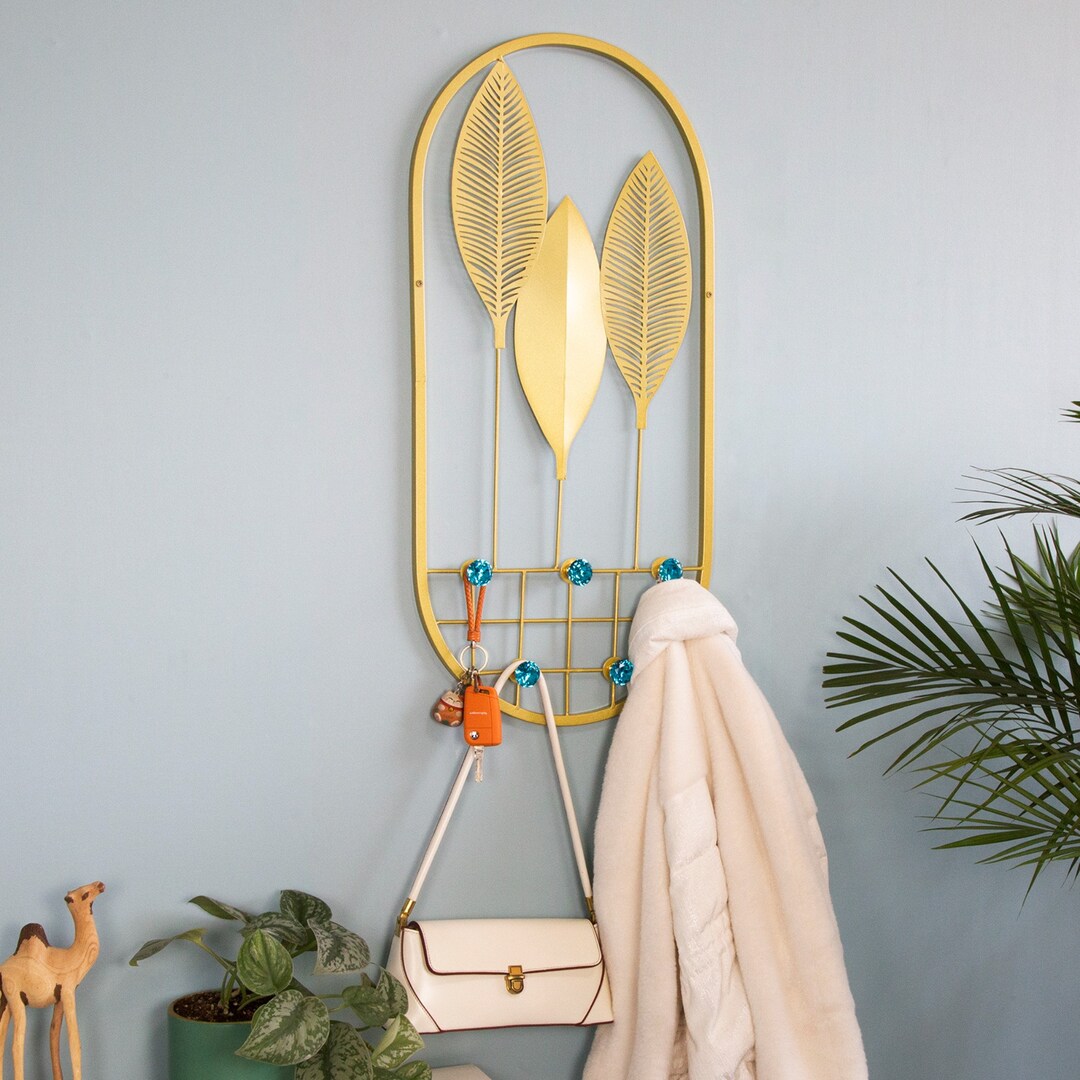 Modern Leaf Coat Rack, Gold Metal Entryway Wall Hook 5hooks, Fancy