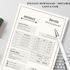 Puede incluir: Una plantilla de factura en blanco y negro para un restaurante llamado "Borcelle Restaurant". La factura es para Juliana Silva e incluye una lista de artículos, precios, cantidades y un importe total de 291,50 €.