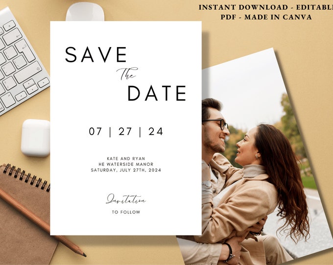 Wedding Invitation Template 5 x 7, Minimalist Wedding Invitation Template | Modern Wedding Invite | photo wedding invitation