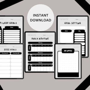 Puede incluir: Cinco páginas de planificador digital imprimibles en blanco y negro para el establecimiento de objetivos, la rutina diaria, los objetivos de 14 semanas, los objetivos de 2022 y mis notas. Las páginas tienen un diseño sencillo con texto negro y líneas sobre un fondo blanco.