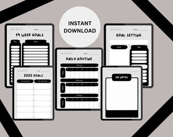 May include: Five black and white printable digital planner pages for goal setting, daily routine, 14 week goals, 2022 goals, and my notes. The pages have a simple design with black text and lines on a white background.