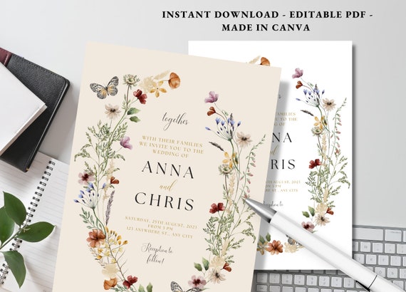 Elegance Wedding Invitation, Wildflower Wedding Invitation Template, Printable Wedding, Wedding Invitation, Boho Wildflower Invite
