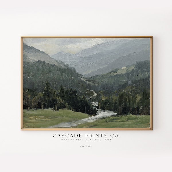 Green Valley Landscape Painting Grassy Hills Trees Vintage Landscape Mountain Stream Painting Vintage | PRINTABLE ART