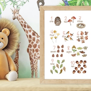 Cartel 123, decoración del vivero del bosque, impresión de números del bosque, animales del bosque, arte de pared imprimible, gráfico preescolar, números 0-20