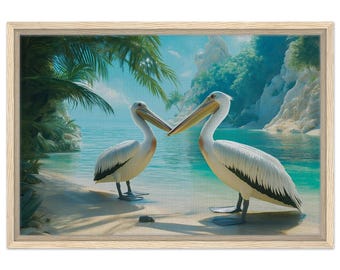 Stampa murale con pellicano costiero - Stampa su tela incorniciata / Decorazione per la casa sulla spiaggia facile da appendere