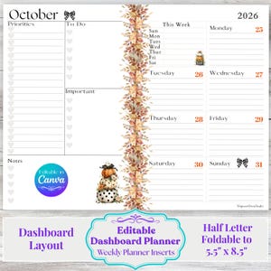 May include: An October 2026 weekly planner dashboard insert featuring a vertical autumn leaf border, pumpkin illustrations, and sections for priorities, to-do lists, and notes. The layout includes a weekly schedule with dates and a Canva logo.