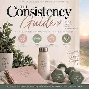 May include: A wellness set featuring a spiral-bound notebook with the text 'Discipline Creates Freedom', a beige water bottle with the text 'Better Choices Brighter You', and two sage green dumbbells with the text 'Stronger Than Yesterday' and 'You Got This'.