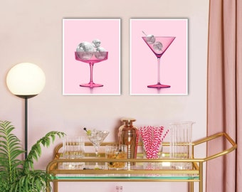Pink Disco Digitaldrucke 2er Set, Martini Glas Poster, Coupe Cocktail Kunstwerk, Bar Cart Decor, schrullige & trendige Wandkunst DIGITAL DOWNLOAD