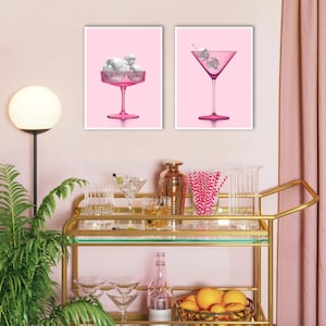 Pink Disco Digital Prints Set of 2 , Martini Glass Poster, Coupe Cocktail Artwork, Bar Cart Decor, Quirky & Trendy Wall Art DIGITAL DOWNLOAD