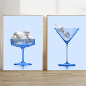 Blue Disco Digital Prints Set of 2 , Martini Glass Poster, Coupe Cocktail Artwork, Bar Cart Decor, Quirky & Trendy Wall Art DIGITAL DOWNLOAD