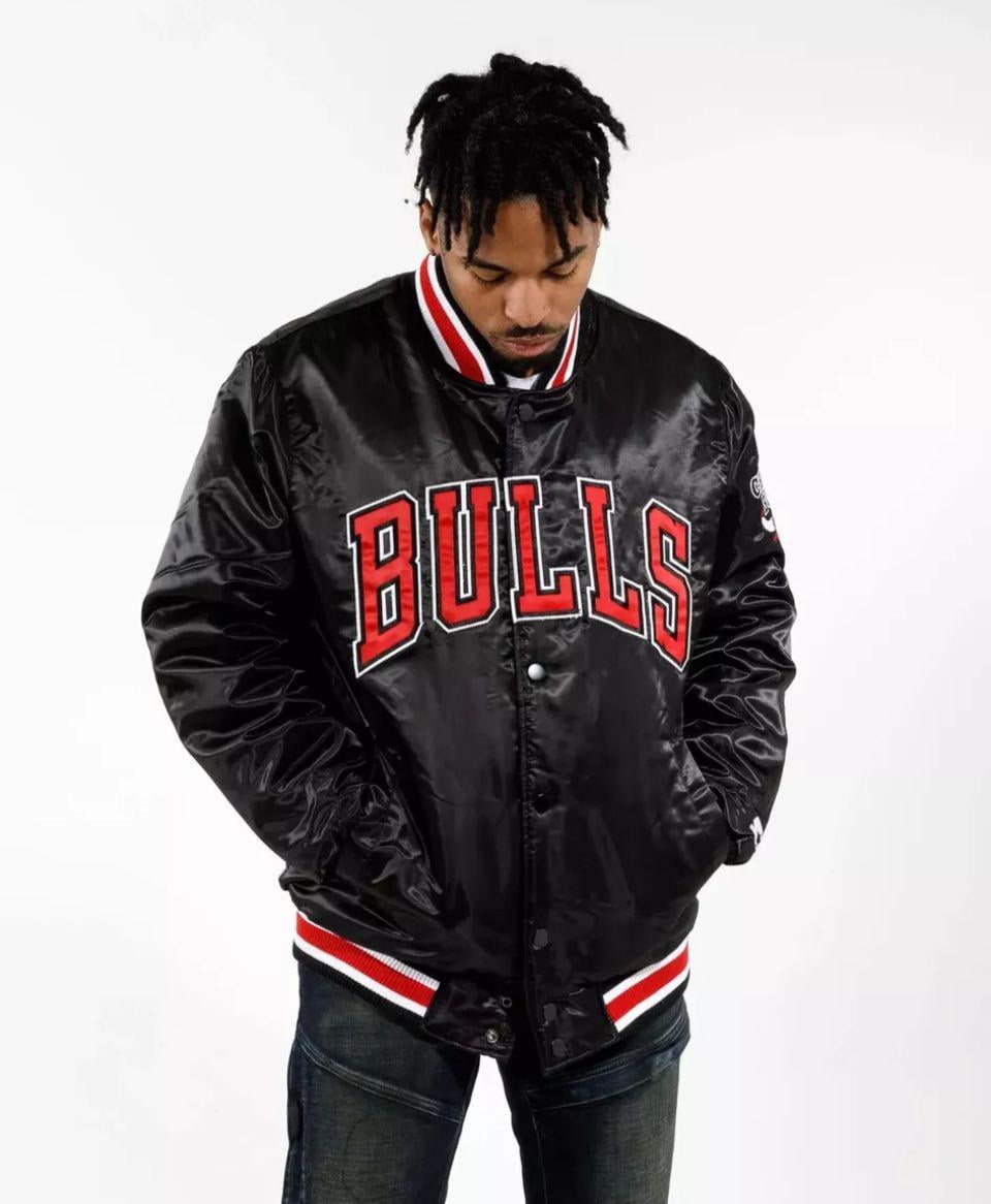 NBA Starter New Chicago Bulls Jordan Bomber Black Satin Jacket Authentic Black Label - College Varsity Jacket in Satin -  High Quality Satin
