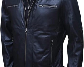 Men's Sheepskin Leather Motorcycle Jacket with Removable Hood