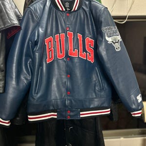 NBA Starter New Chicago Bulls Jordan Bomber Premium  Nappa Sheep Leather Jacket Authentic Navy Blue Leather- High Quality Real Sheep Leather