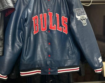 NBA Starter New Chicago Bulls Jordan Bomber Premium  Nappa Sheep Leather Jacket Authentic Navy Blue Leather- High Quality Real Sheep Leather