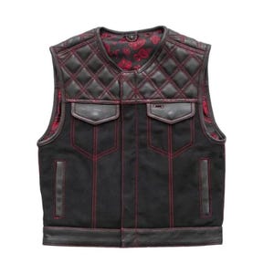 Men&#39;s Biker Vest Or Hunter Club Leather Diamond Quilted Style Biker Vest Black & Red Color Combo Denim jeans and Cowhide Leather Vest.