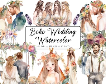 Boho Aquarell Hochzeit Clipart Boho Hochzeitseinladung Clipart Blumenmädchen Aquarell Boho Braut Clipart