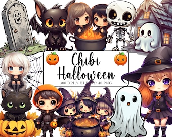 Chibi Halloween Clipart Niedliche Cartoon PNG Halloween Niedlich Spooky Trick-or-Treat Clipart Chibi Halloween Einladungen Kinder Halloween Handwerk