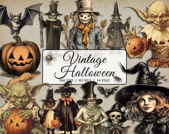 Vintage Halloween Clipart Hexe Spooky Clipart Oktober Halloween Vintage Clipart Spinnen Fledermäuse Horror Clipart Scary Halloween Grafik