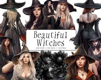 Schöne Hexen Clipart Fantasy Hexe PNG Halloween Magie Niedliche Hexe Clipart Kommerzielle Nutzung Schöne Frauen Clipart Halloween-Einladungen