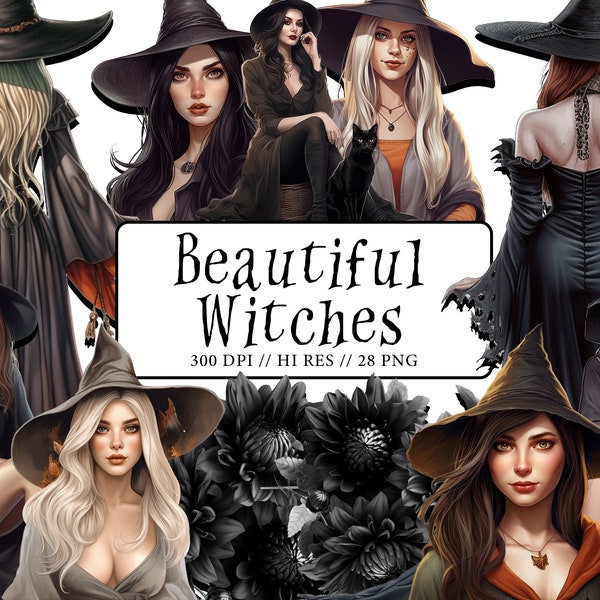 Beautiful Witches Clipart Fantasy Witch PNG Halloween Magic Cute Witch Clipart Commerical Use Beautiful Women Clipart Halloween Invitations