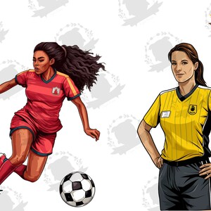 K&ouml;nnte beinhalten: Eine Fu&szlig;ballspielerin in einem rot-gelben Trikot mit einem schwarz-wei&szlig;en Fu&szlig;ball. Eine Schiedsrichterin in einem gelb-schwarz gestreiften Trikot mit einer schwarzen Pfeife.