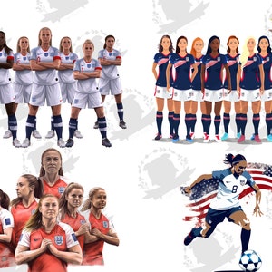 K&ouml;nnte beinhalten: Eine digitale Illustration von zwei Frauenfu&szlig;ballmannschaften, eine in rot-wei&szlig;en Trikots und die andere in blau-wei&szlig;en Trikots. Die Mannschaften stehen in zwei Reihen und blicken zum Betrachter. Das Bild zeigt auch eine einzelne Spielerin in einem wei&szlig;-blauen Trikot, die einen Fu&szlig;ball dribbelt.
