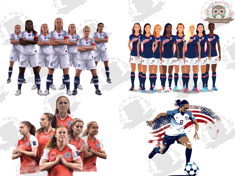K&ouml;nnte beinhalten: Eine digitale Illustration von zwei Frauenfu&szlig;ballmannschaften, eine in rot-wei&szlig;en Trikots und die andere in blau-wei&szlig;en Trikots. Die Mannschaften stehen in zwei Reihen und blicken zum Betrachter. Das Bild zeigt auch eine einzelne Spielerin in einem wei&szlig;-blauen Trikot, die einen Fu&szlig;ball dribbelt.