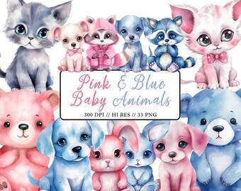 Rosa und Blau Baby-Dusche-Einladung Clipart Baby-Dusche Geschlecht offenbaren Baby Tier Clipart Aquarell digitaler Download Junge und Mädchen