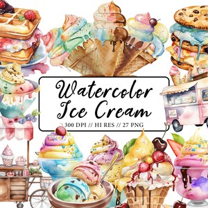 Watercolor Ice Cream Clipart Summer Desserts Clipart Ice Cream Cone Pool Party Invitation Birthday Party Scrapbook