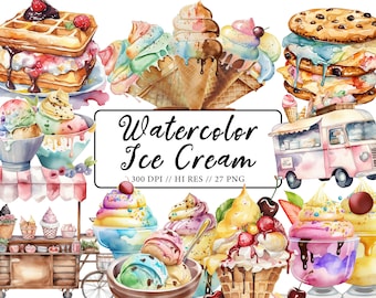 Aquarell Eis Clipart Sommer Desserts Clipart Eistüte Pool Party Einladung Geburtstagsparty Scrapbook