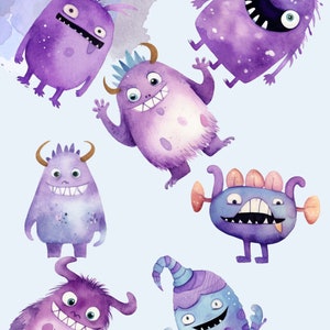 lovely monsters Watercolor clip art, cute characters, happy, creatures, stickers, magic, multicolor, heart, baby shower, kids, fairy tail