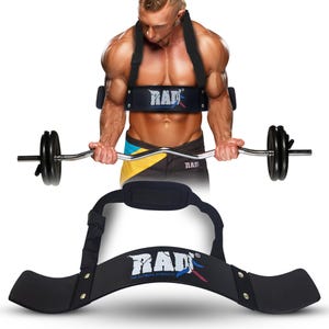 May include: Black arm blaster with adjustable straps and a padded support for bicep curls. The arm blaster has the text "RAD" and "THE ULTIMATE STRENGTH" printed on it.