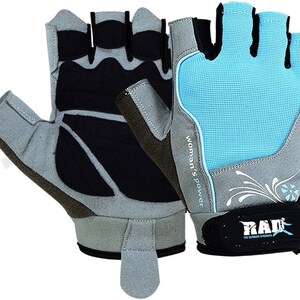 May include: A pair of fingerless gloves with a gray and black design on one glove and a light blue, gray, and white design on the other glove. The glove with the light blue design has the text "Woman's Power" and "RAD" on it.