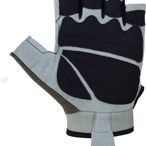 May include: A pair of gray fingerless workout gloves with black padding on the palm and fingers. The gloves have a velcro wrist strap.