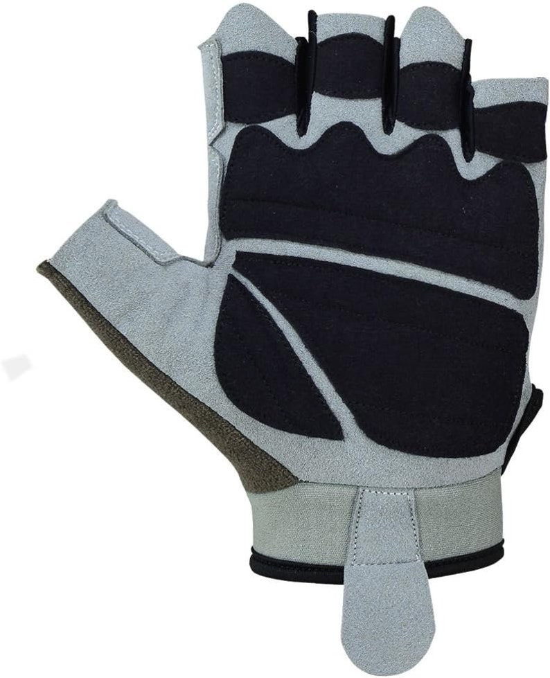 May include: A pair of gray fingerless workout gloves with black padding on the palm and fingers. The gloves have a velcro wrist strap.