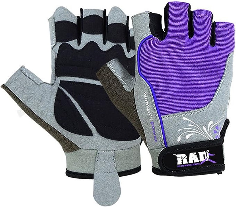 May include: A pair of fingerless gloves with a purple and gray design. The gloves have a floral pattern and the text "Woman's Power" and "RAD The Ultimate Strength" on them.