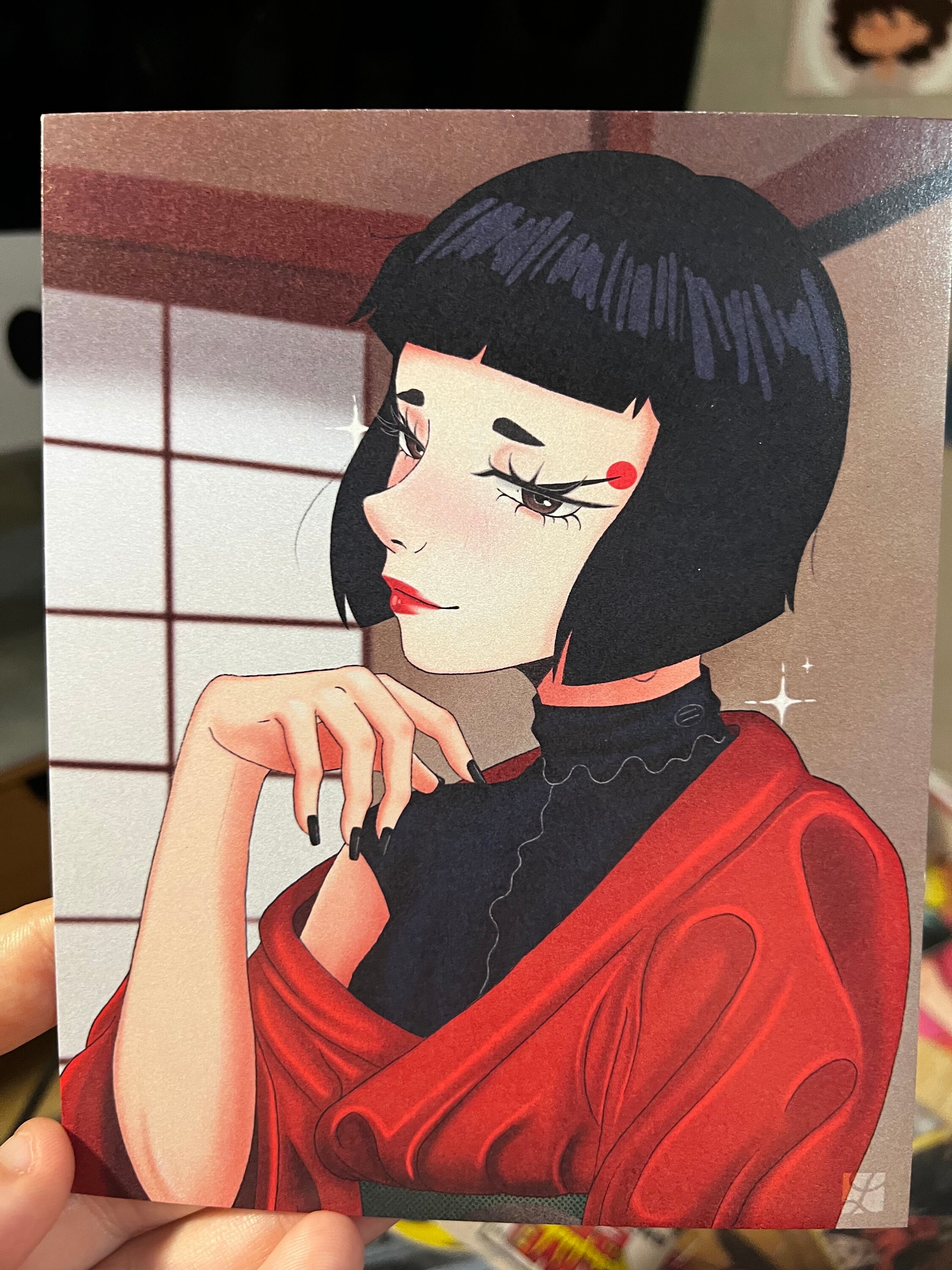 Art print of a Japanese gaicha in a modernized kimono - 12x15 cm