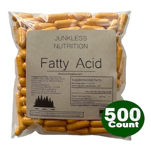 May include: A clear plastic bag filled with numerous yellow capsules. The label reads Junkless Nutrition Fatty Acid Dietary Supplement, listing 500 mg per serving and 200 servings per container. A green circular graphic indicates 500 Count.
