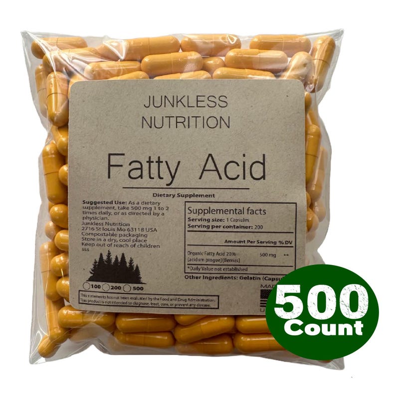 May include: A clear plastic bag filled with numerous yellow capsules. The label reads Junkless Nutrition Fatty Acid Dietary Supplement, listing 500 mg per serving and 200 servings per container. A green circular graphic indicates 500 Count.