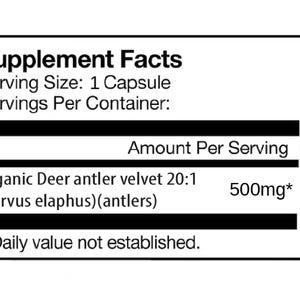 以下が含まれることがあります： 「Supplement Facts」と書かれた白いラベル。黒い文字で「Organic Deer antler velvet 20:1」と「500mg*」と記載。ラベルには「Serving Size: 1 Capsule」とも記載。