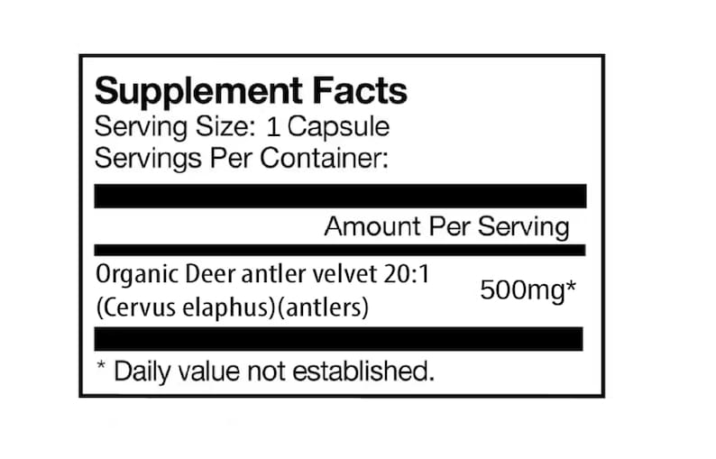 以下が含まれることがあります： 「Supplement Facts」と書かれた白いラベル。黒い文字で「Organic Deer antler velvet 20:1」と「500mg*」と記載。ラベルには「Serving Size: 1 Capsule」とも記載。
