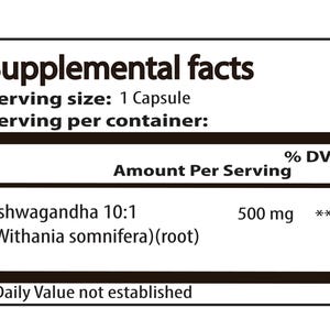 May include: A white label with black text detailing the "Supplemental facts" of a supplement. The label lists "Ashwagandha 10:1" with 500 mg per serving. The serving size is 1 capsule.