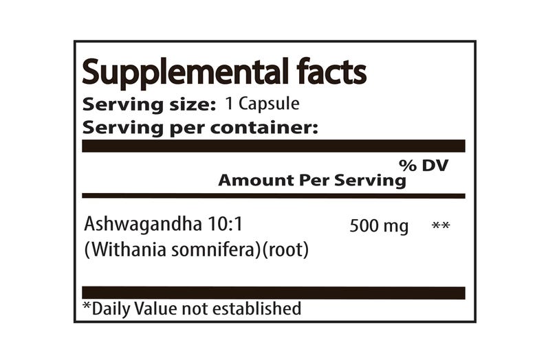 May include: A white label with black text detailing the "Supplemental facts" of a supplement. The label lists "Ashwagandha 10:1" with 500 mg per serving. The serving size is 1 capsule.