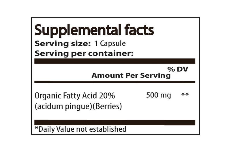May include: A white rectangular label with black text titled Supplemental facts. It lists a serving size of 1 Capsule, Organic Fatty Acid 20% (acidum pingue)(Berries) at 500 mg, and a footnote stating Daily Value not established with two asterisks.