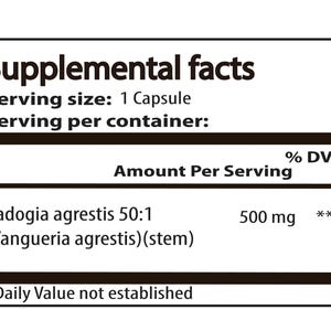 May include: A white label with black text detailing the supplemental facts of a product. The label includes the text "Supplemental facts", serving size, and the amount per serving of Fadogia agrestis 50:1 (Vangueria agrestis)(stem) at 500 mg.