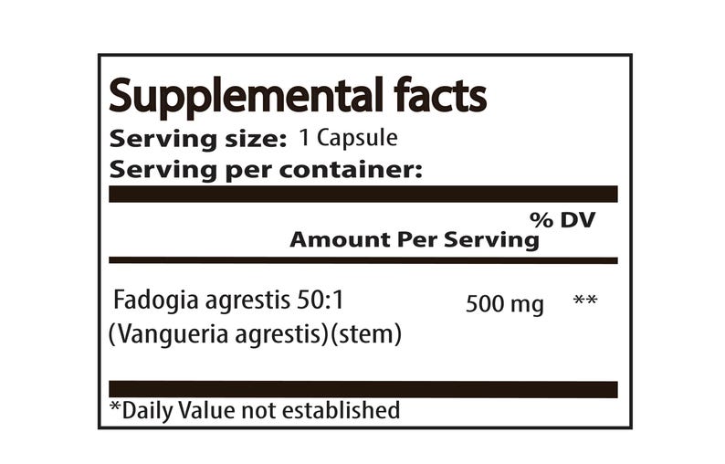 May include: A white label with black text detailing the supplemental facts of a product. The label includes the text "Supplemental facts", serving size, and the amount per serving of Fadogia agrestis 50:1 (Vangueria agrestis)(stem) at 500 mg.