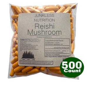 May include: A clear plastic bag filled with orange Reishi Mushroom capsules. The label reads "Junkless Nutrition Reishi Mushroom" and includes supplement facts. A green circle indicates a 500 count.