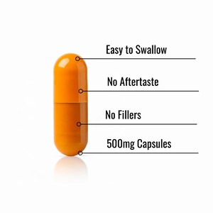 May include: An orange capsule with the text "Easy to Swallow", "No Aftertaste", "No Fillers", and "500mg Capsules". The capsule is a solid orange color and is split into two parts.
